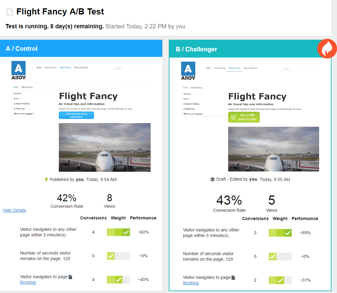 Image A/B test results screen