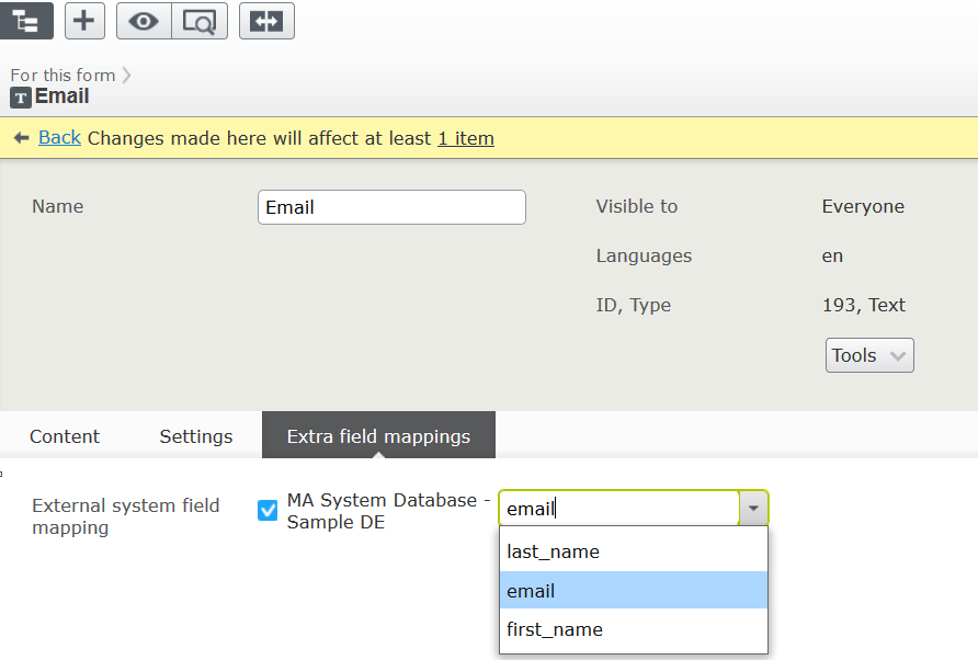 Image: Mapping an ExactTarget DataExtension database field to a form field