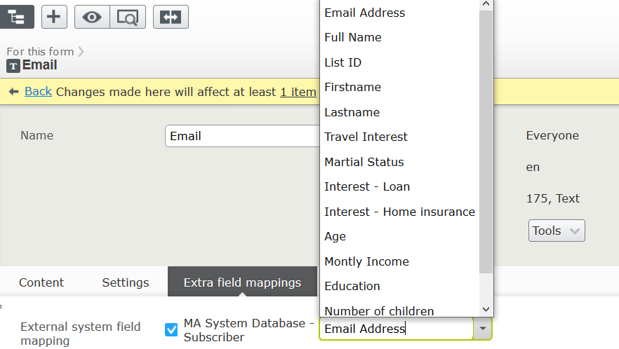 Image: Mapping an ExactTarget Subscriber database field to a form field