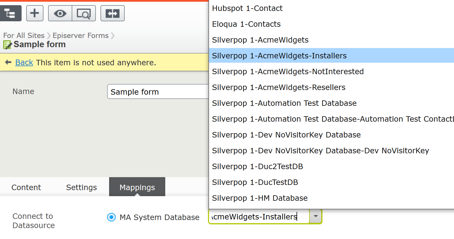 Image: Mapping a Silverpop database field to a form field